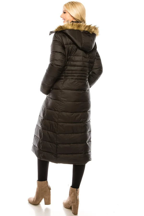 Haute Edition Women's Maxi Length Quilted Puffer with Fur Lined Hood - Grey