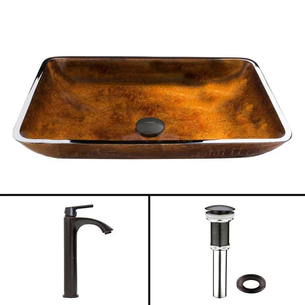 Vigo Rectangular Russet Glass Vessel Sink and Linus Faucet Set, Antique Rubbed Bronze VGT494