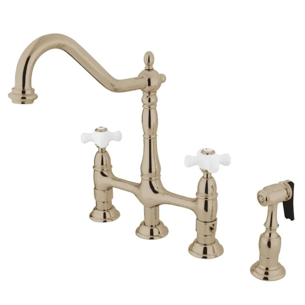 Kingston Brass KS1276PXBS Heritage Bridge Kitchen Faucet with Brass Sprayer, Polished Nickel