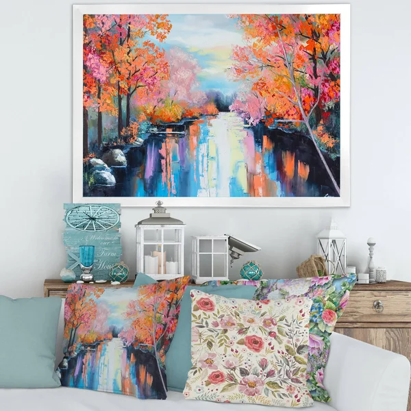 Designart 'Orange Autumn Forest by The River' Lake House Framed Art Print - 32 in. Wide x 16 in. High - White