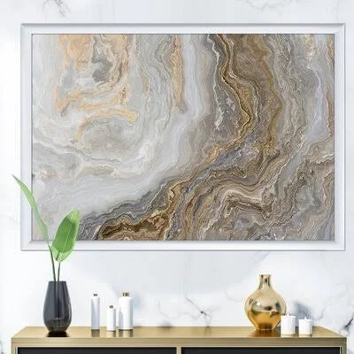 White Marble with Curley Gray and Gold Veins - Wrapped Canvas Painting Print Gold Flamingo Size: 12x22 H x 20x22 W x 1x22 D - For