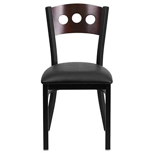 Flash Furniture 2 Pk. Hercules Series Black Decorative 3 Circle Back Metal Restaurant Chair - Walnut Wood BACK, Black Vinyl Seat
