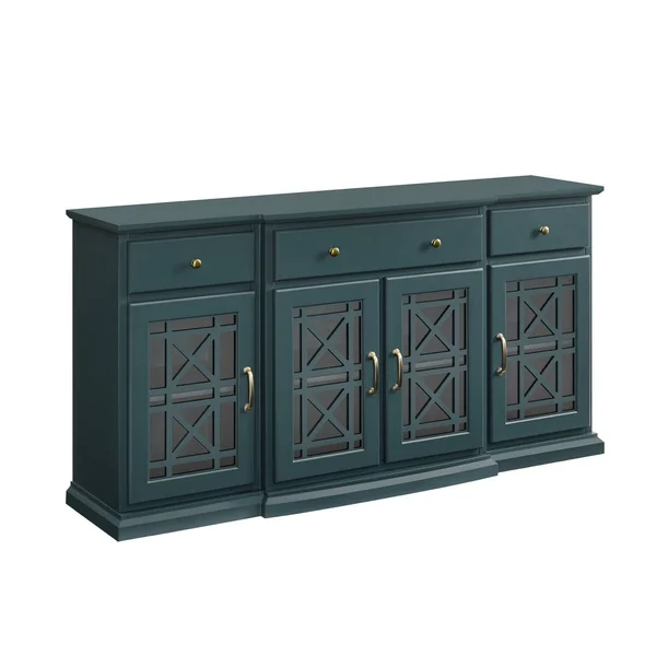 Selma Transitional 3 Tiered Ornate Fretwork Door Sideboard Dark Teal - Saracina Home