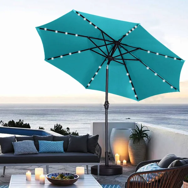 Ainfox 9ft Patio Umbrella with LED Lights & Round Base - Blue, 9 x 9 x 7.61ft