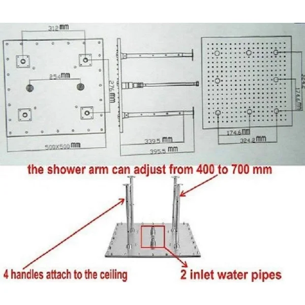 12x22x24x22 Rainfall LED Shower Set Double-Function Valve, Brass Handheld Shower Brushed Stainless Steel, 12 x 24 x 0.4 inches
