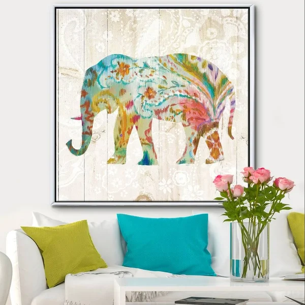 Designart &Boho Paisley Elephant II& Bohemian & Eclectic Framed Canvas - Multi-Color (30 in. Wide x 30 in. High - White) - Mu