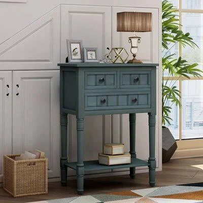 Easy Assembly Slim Sofa Table with Three Storage Drawers and Bottom Shelf for Living Room Rosecliff Heights Color: Navy