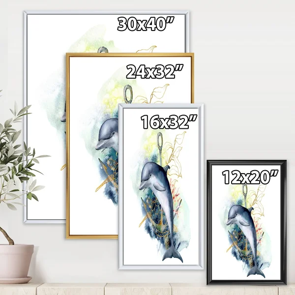 Designart &Dolphin Turtle Anchor & Linear Coral Reef Plants& Nautical & Coastal Framed Canvas Wall Art Print - 24 in. Wi