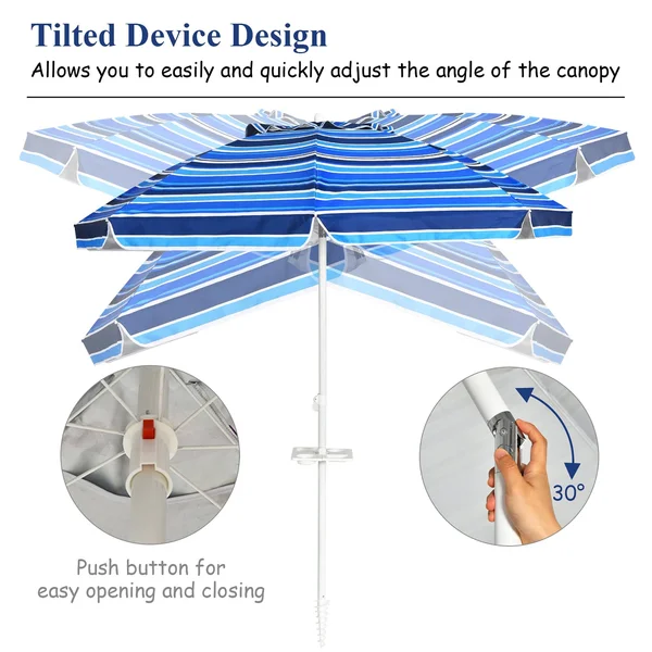 Costway 7.2 ft Portable Beach Umbrella Tilt Sand Anchor Cup Holder - Blue