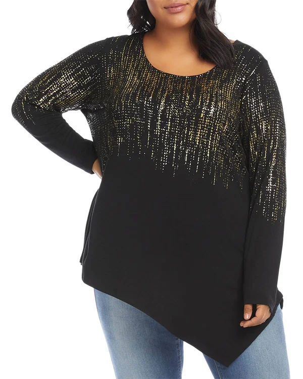 Karen Kane Plus Women's Printed Asymmetric Hem Top - Black - Size 2x