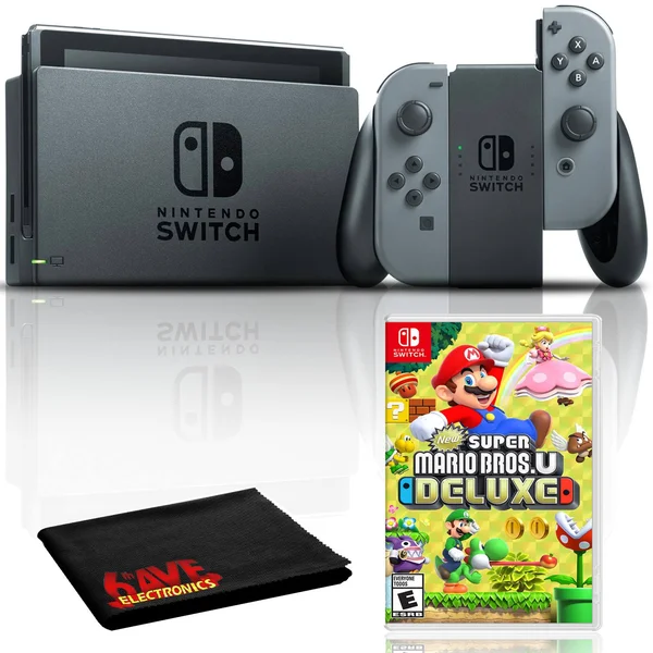 Nintendo Switch (Gray) Bundle with New Super Mario Bros U Deluxe + 6ave Cloth
