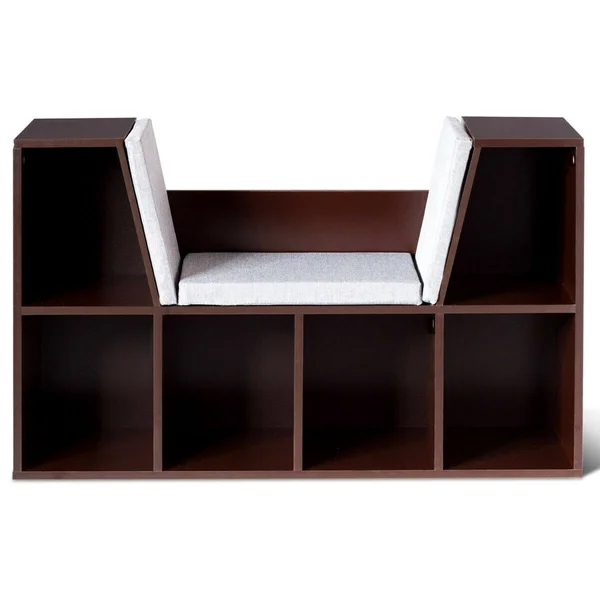 Costway 6-Cubby Kid Storage Bookcase Cushioned Reading Nook-Brown