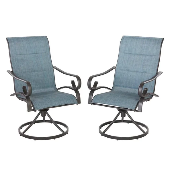 Hampton Bay Crestridge Steel Padded Sling Swivel Outdoor Patio Dining Chair in Conley Denim (2-Pack)