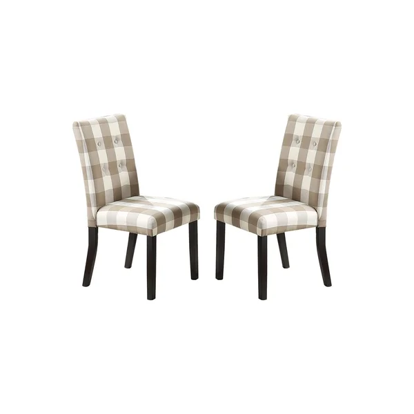Beige Grid Patterned Fabric Upholstered Side Chairs - Set of 2