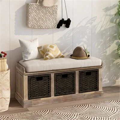 Rustic Storage Bench with 3 Removable Classic Rattan Basket - Entryway Bench Storage Bench with Removable Cushion (Espresso) Red