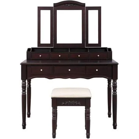 VASAGLE Vanity Makeup Set with 7 Drawers, 2 Brush Slots and 4 Open Compartments, Dressing Table with Tri-Fold Necklace Hooked Mi