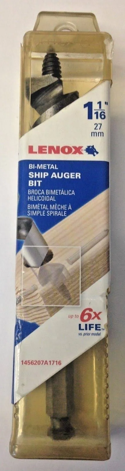 Lenox 1456207A1716 1-1/16x22 x 7-1/2x22 Bi-Metal Ship Auger Bit