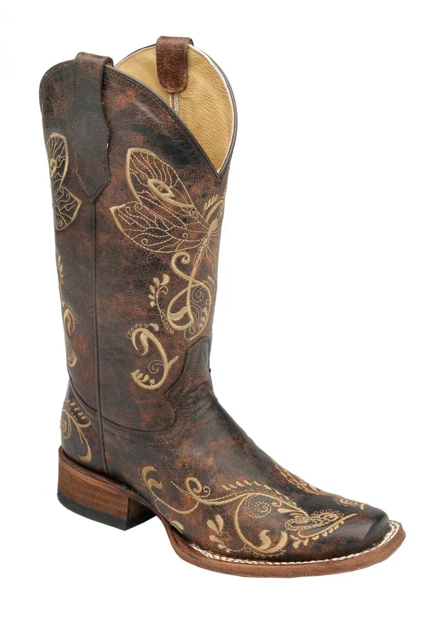 Corral Women's Circle G Distressed Bone Dragonfly Embroidered Square Toe Western Boot - 9 B Brown