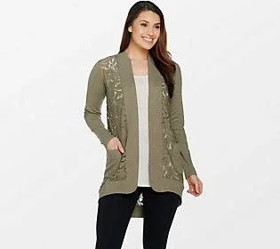 Logo by Lori Goldstein Open Front Slub Cardigan w/ Lace Detail, Size XX-Small, Willow