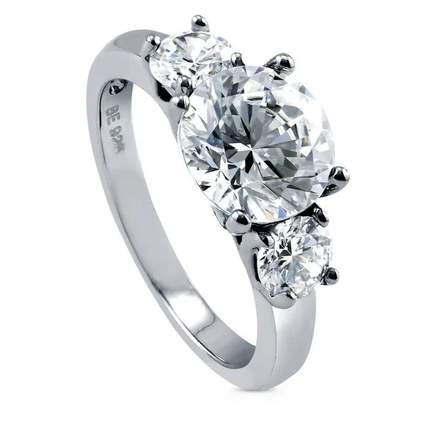BERRICLE Sterling Silver Round Cubic Zirconia CZ 3-Stone Anniversary Wedding Engagement Ring 3.1 CTW Size 9