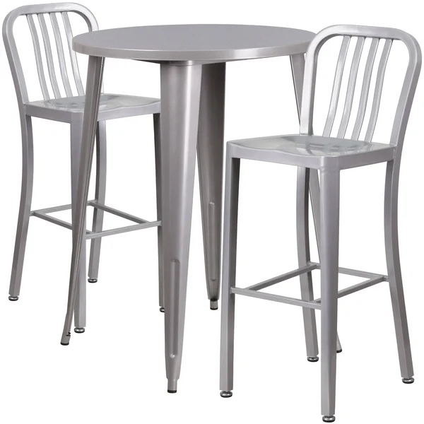 Round Orange Metal Indoor-Outdoor Bar Table Set with 2 Vertical Slat Back Stools