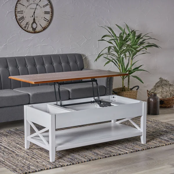 48x22 Brown and White Contemporary Rectangular Coffee Table with Adjustable Top
