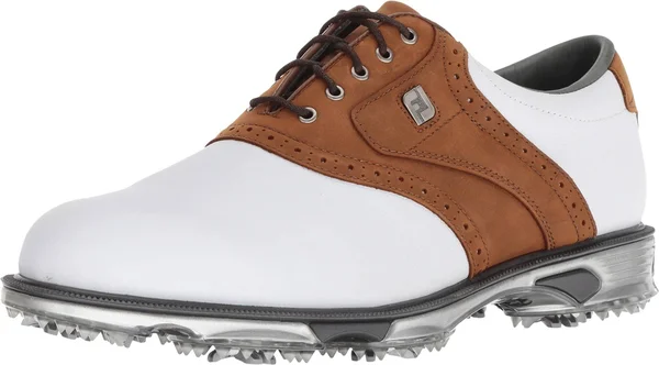DryJoys Men's Tour Golf Shoes Spiked Saddle in White - Bomber Taupe Size 9 N