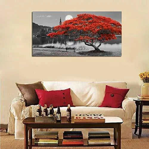 Arjun Canvas Wall Art Painting Red Tree Lake Moon Picture One Panel Extra Large size, Modern Panoramic Landscape Artwork Prints