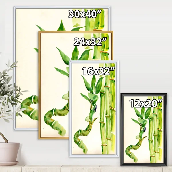 Designart 'Bamboo Branches in The Forest VI' Tropical Framed Canvas Wall Art Print - 16 in. Wide x 32 in. High - White