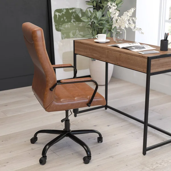 Merrick Lane Contemporary High-Back Brown Faux Leather Home Office Chair with Padded Black Arms