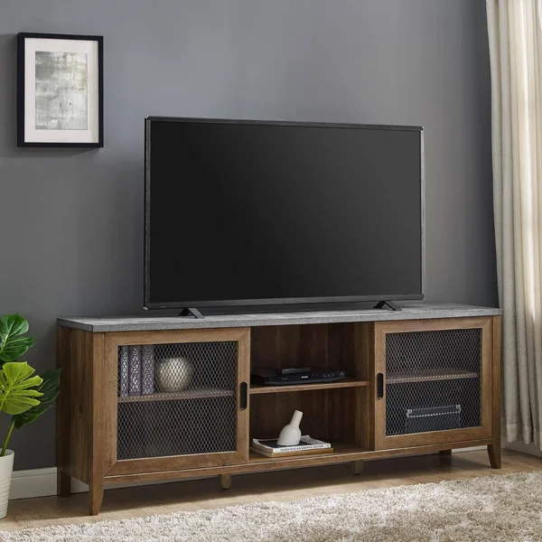 Welwick Designs 70 in. Dark Concrete and Reclaimed Barnwood Composite TV Stand Fits TVs Up to 78 in. with Storage Doors - Dark Co