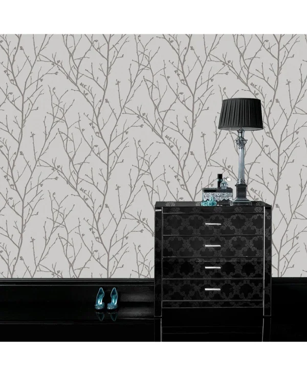 Graham & Brown Water Silk Sprig Silver Wallpaper