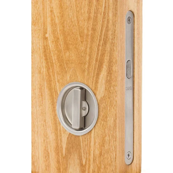 Omnia 3910.32D 2 in. Backset Sliding Pocket Door Mortise Lock with Round Trim Satin Stainless Steel