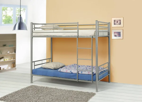 Benzara BM182836 Metal Twin Over Twin Bunk Bed with Ladder Gray