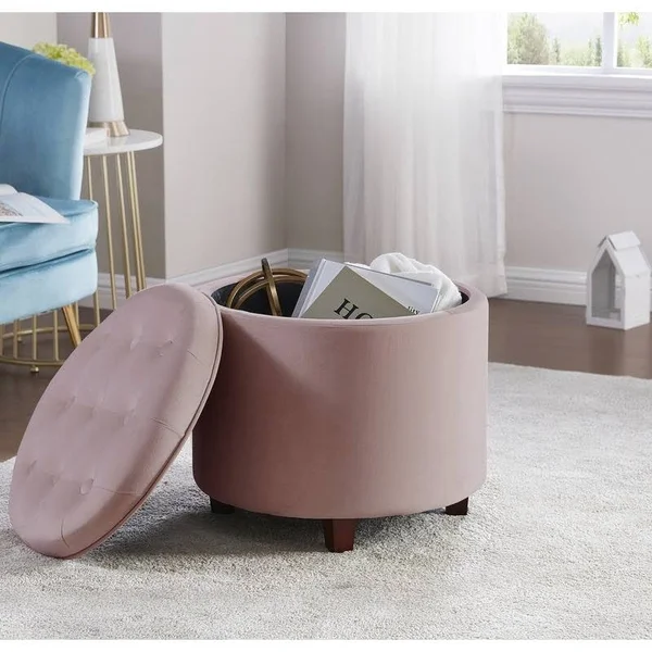 Oh Donovan Tufted Velvet Round Storage Ottoman - Navy