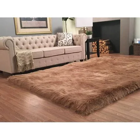 Super Soft Faux Sheepskin Silky Shag Rug Rectangular, Camel 5&x8&, Beige