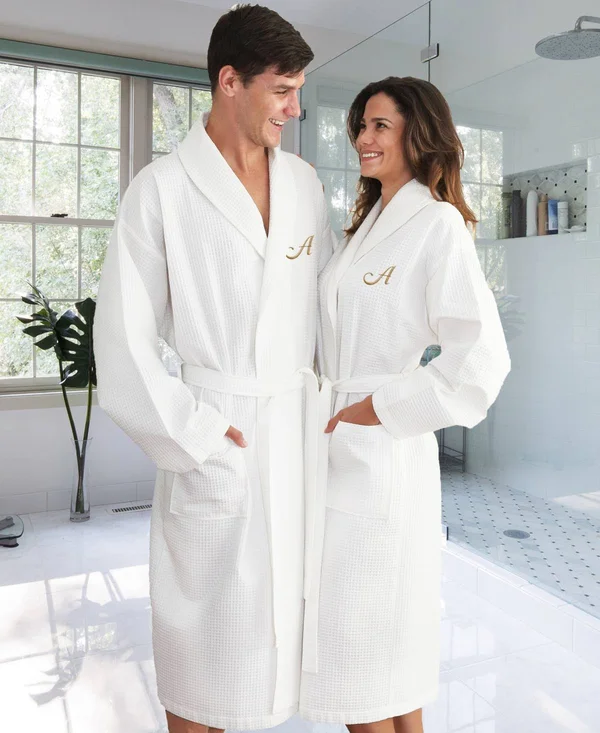 Linum Home Personalized Unisex Waffle Weave Bathrobe - Size: Large, White
