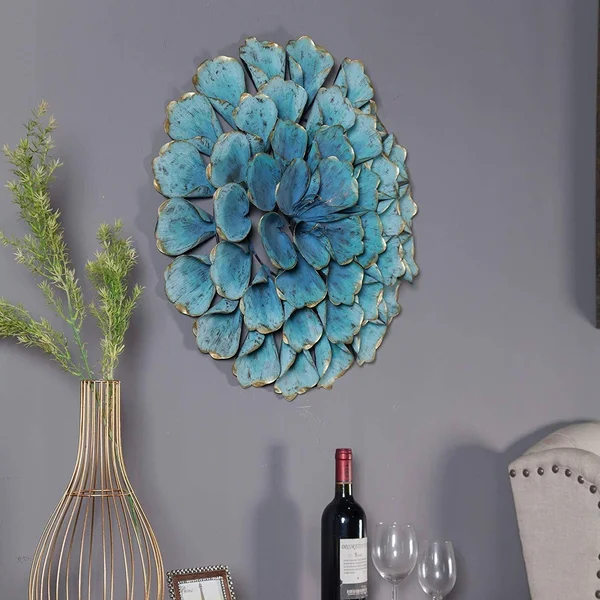 Distressed Teal Blue Metal Flowered Wall Art 3D Hanging Flower Sculpture Metallic Gold Accents Living Room Bedroom Home Decor - 2