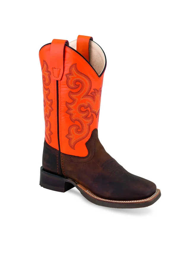 Old West Children's Broad Square Toe Boots - Brown/Neon Orange