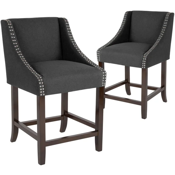 Flash Furniture 2 Pk. Carmel Series 24x22 High Transitional Walnut Counter Height Stool with Accent Nail TRIM, Light Gray Fabric