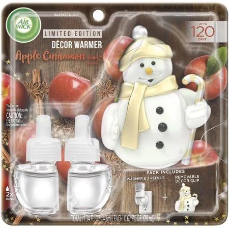 Air Wick Plug in Scented Oil Starter Kit with Snowman Decor Clip (Warmer + 2 Refills), Apple Cinnamon Medley Scent 1 ct (Pack of