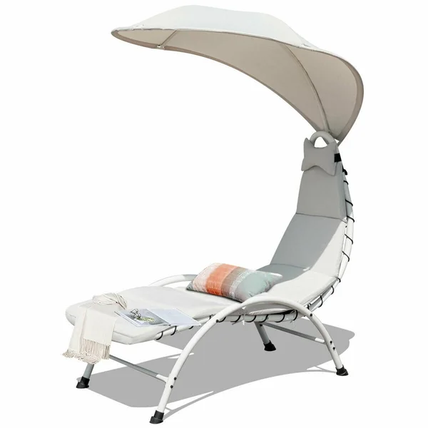 Gymax Hanging Chaise Lounger Chair Arc Stand Porch Swing Hammock Chair w/ Canopy Khaki, Beige