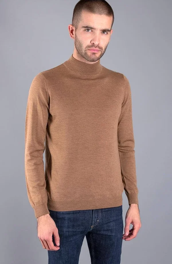 Mens 100% Extra Fine Merino Wool Mock Neck Jumper, Camel, XXL