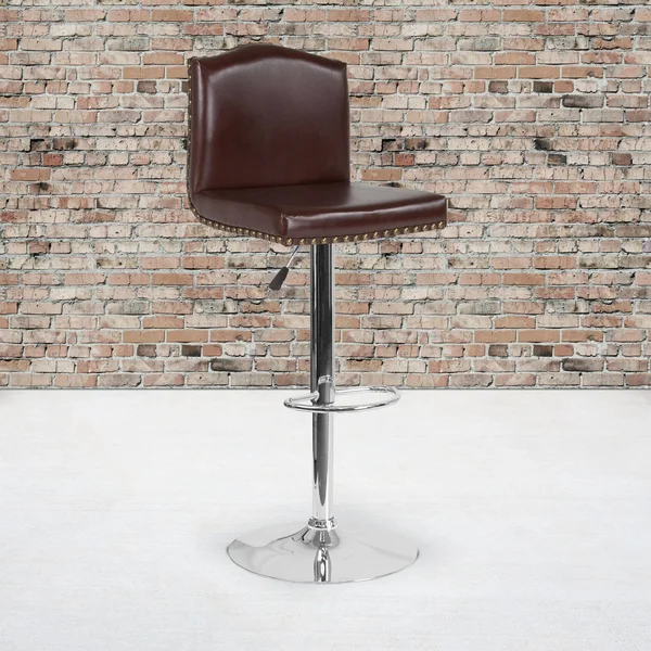 Bellagio Contemporary Adjustable Height Barstool with Accent Nail TRIM - Brown Leather