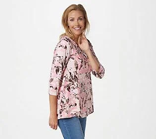Denim & Co. Printed V-Neck 3/4 Sleeve Swing Top, Size Medium, Rose