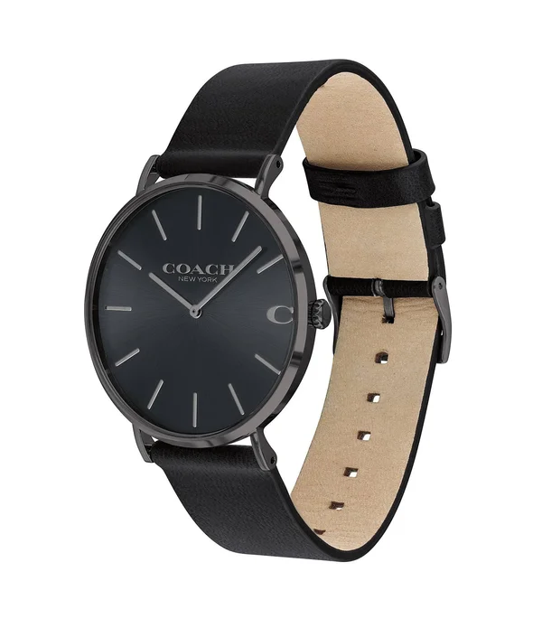 Coach Charles Black Leather Strap Watch - Black