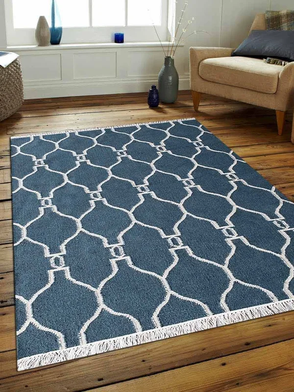 Rugsotic Carpets Hand Woven Flat Weave Kilim Wool 4&x6& Area Rug Contemporary Blue White D00129
