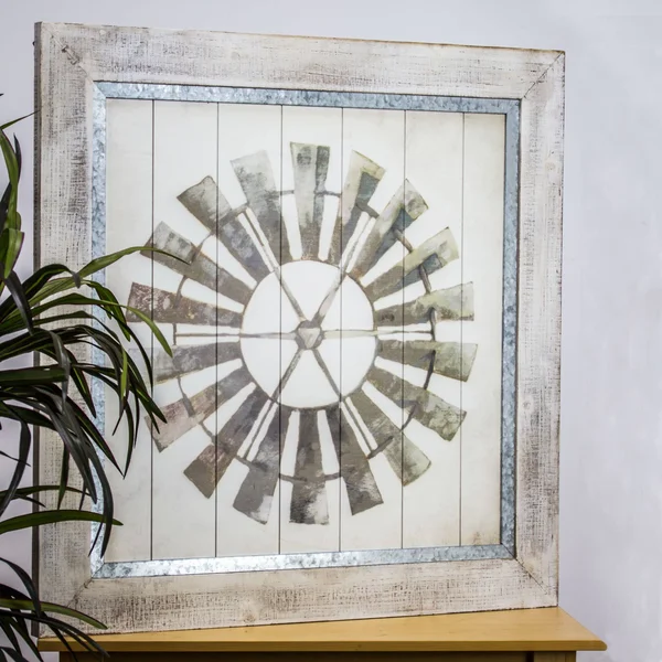 American Art Decor Whitewashed Windmill Print on Planked Wood