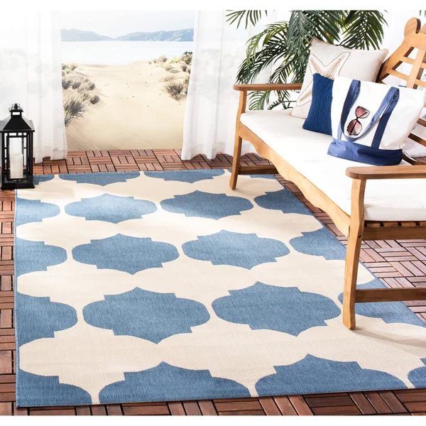 Safavieh Courtyard Beige & Blue 5&-3x22 x 7&-7x22 Indoor/Outdoor Rug