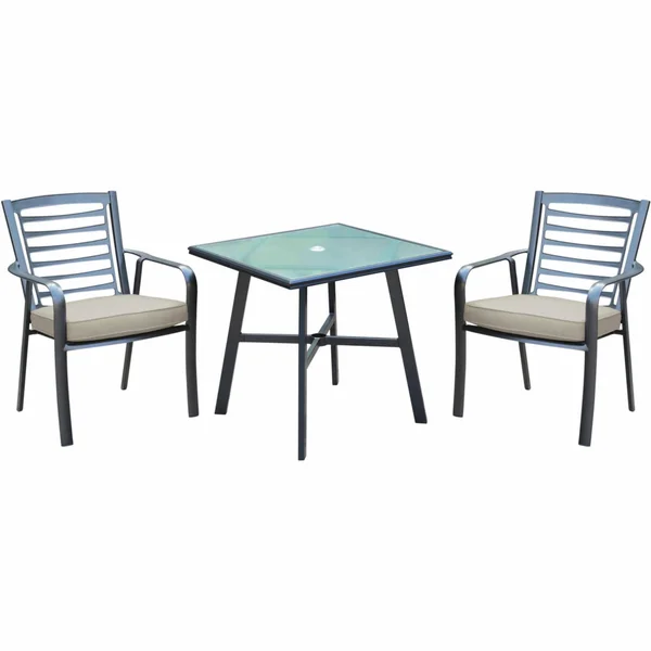 Hanover Pemberton 3-Piece Commercial-Grade Bistro Set with 2 Cushioned Dining Chairs and A 30x22 Square Glass-Top Table